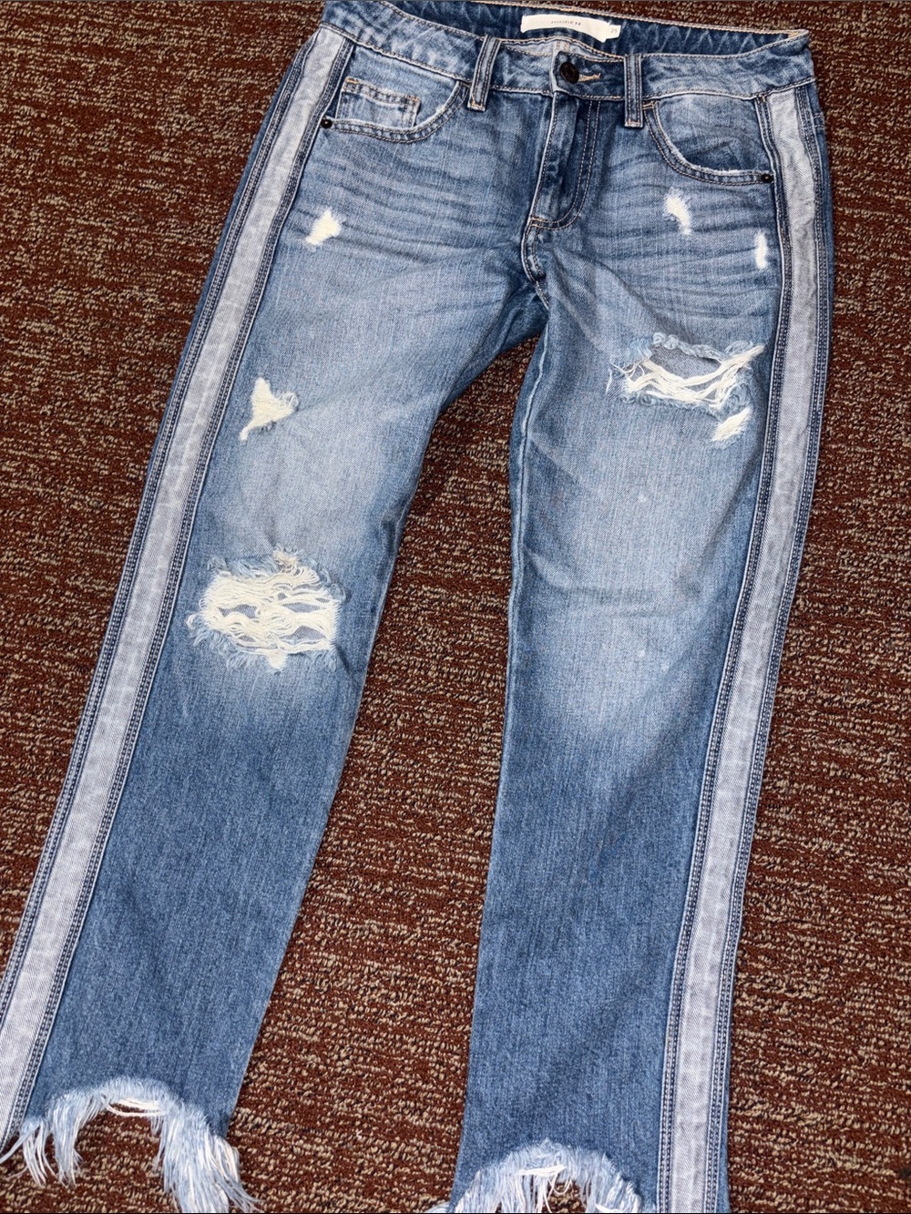 Hidden jeans distressed cropped frayed hem two tone denim